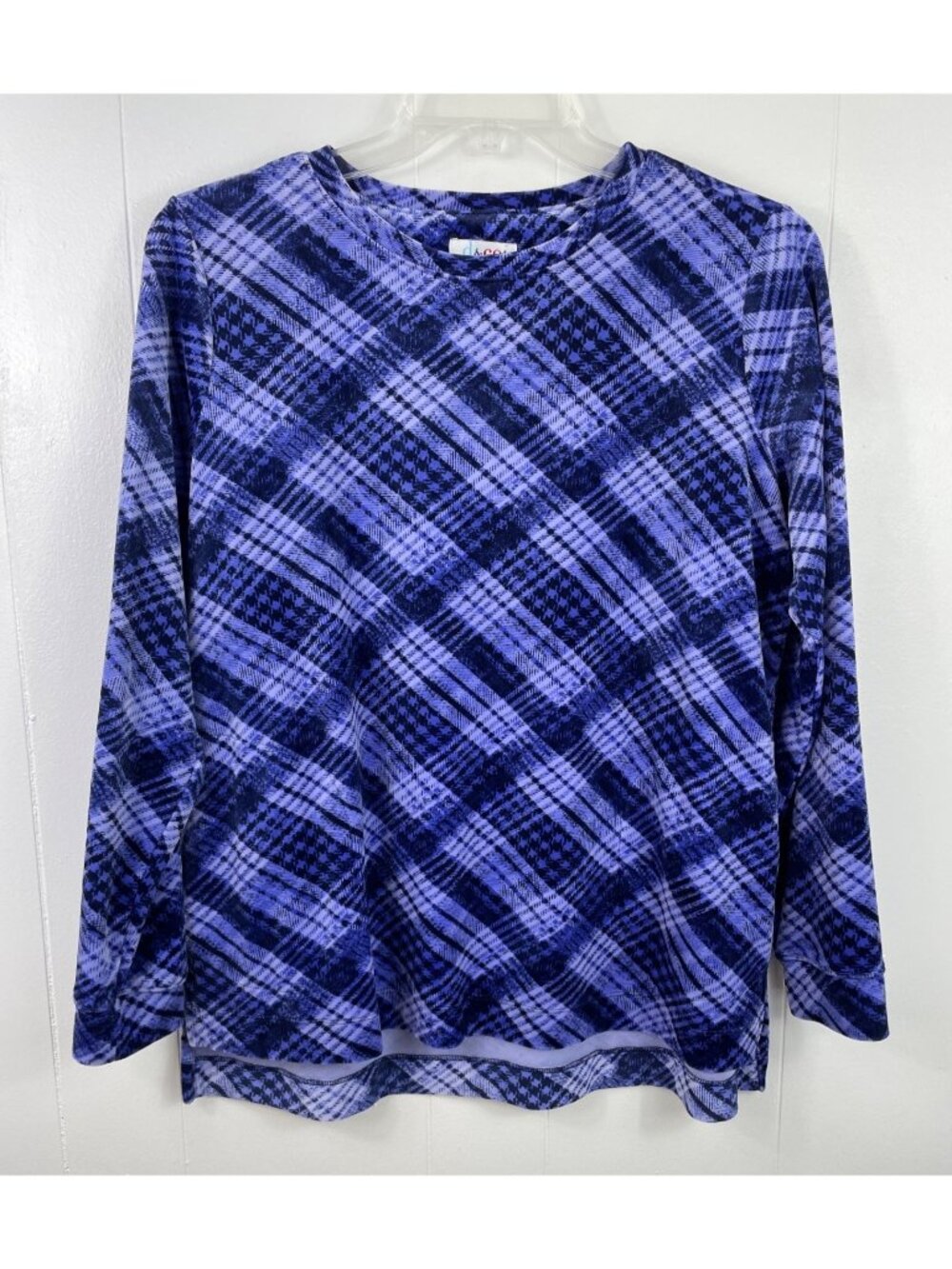 Denim & Co. Purple Plaid Long Sleeve Top Womens Size M Velour